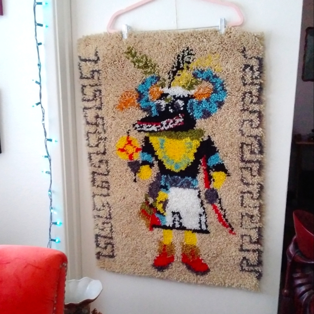 Vtg 1960's Kachina Latch Hook Wall Hanging Art Rug - Picture 2 of 10